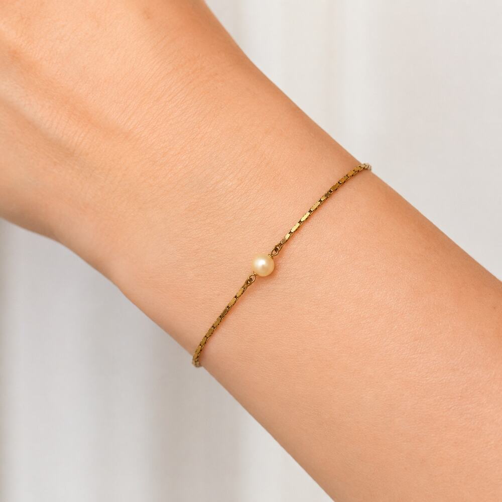 Vintage Trifari Gold Tone Faux Pearl Station Bracelet Signed 1970s 1980s